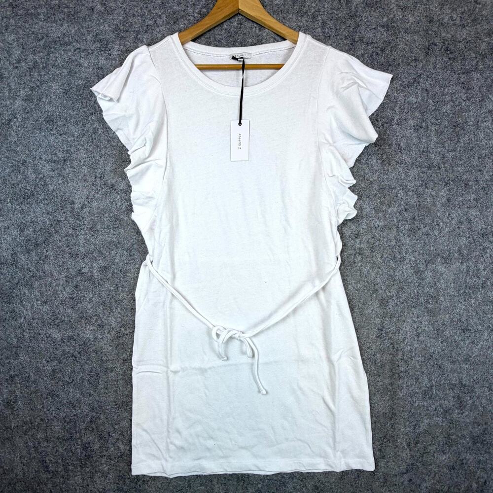 Z Supply Capri Dress Women Large White Cotton Tie Waist Ruffle Sleeve Clean Girl